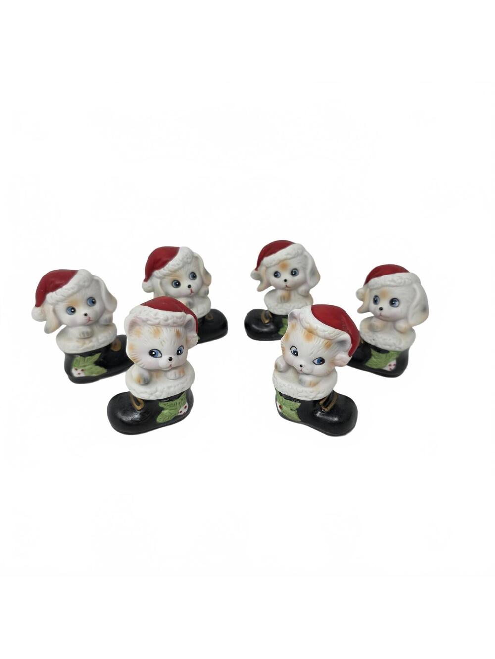 Vintage Homco Puppies Kittens Christmas Figurines Set of 6 Ceramic Holiday Decor